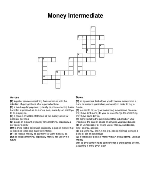 Money Intermediate Crossword Puzzle