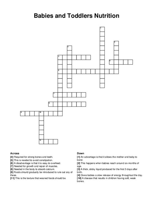 Babies and Toddlers Nutrition Crossword Puzzle