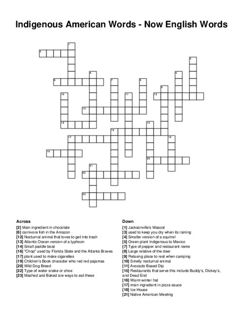 Indigenous American Words - Now English Words Crossword Puzzle