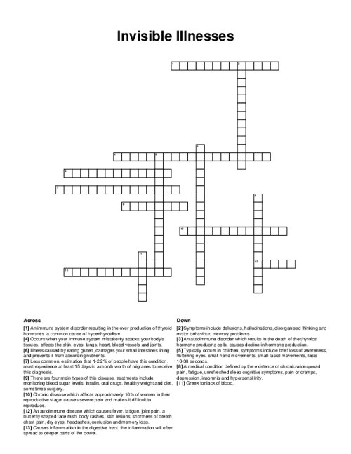 Invisible Illnesses Crossword Puzzle