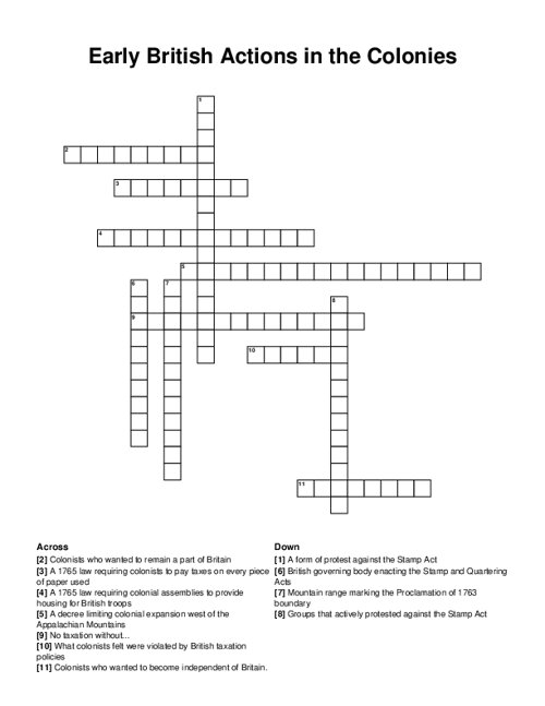 Early British Actions in the Colonies Crossword Puzzle