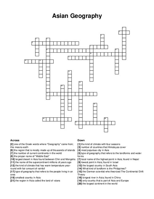 Asian Geography Crossword Puzzle