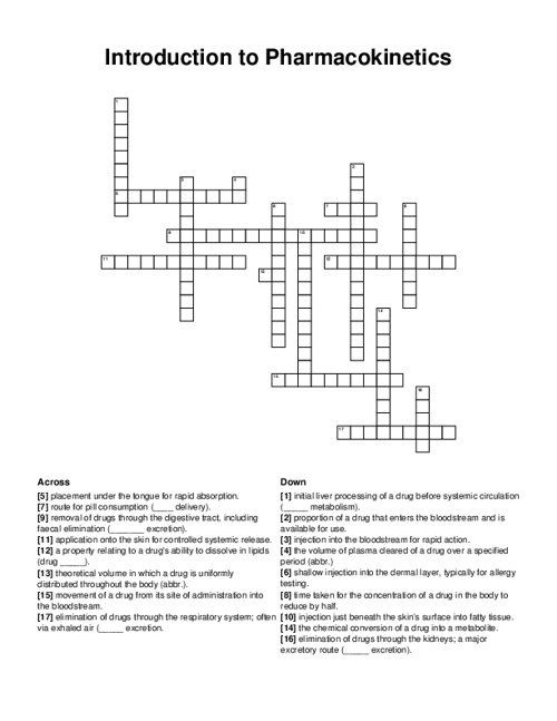Introduction to Pharmacokinetics Crossword Puzzle