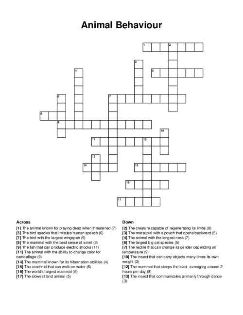 Animal Behaviour Crossword Puzzle
