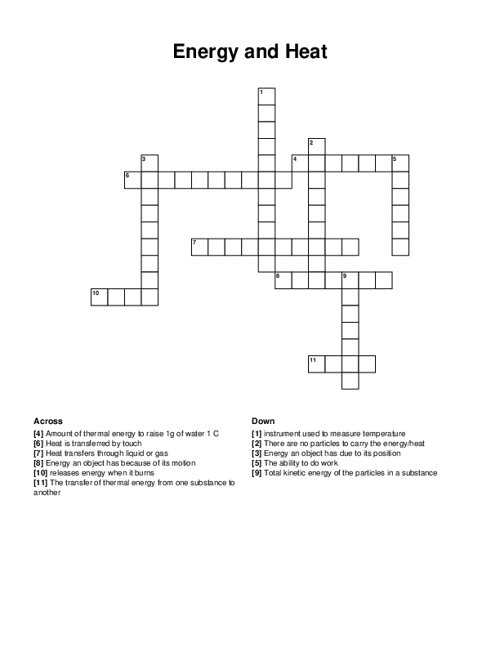 Energy and Heat Crossword Puzzle