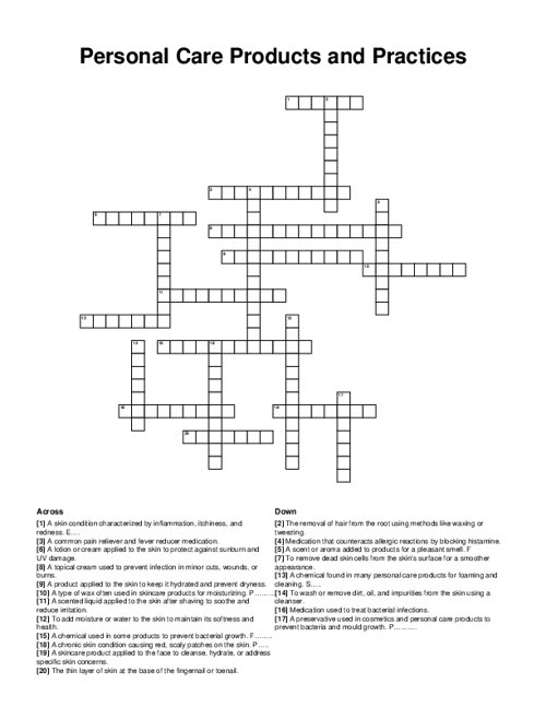 Personal Care Products and Practices Crossword Puzzle