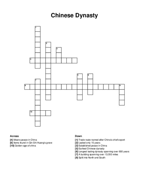Chinese Dynasty Crossword Puzzle