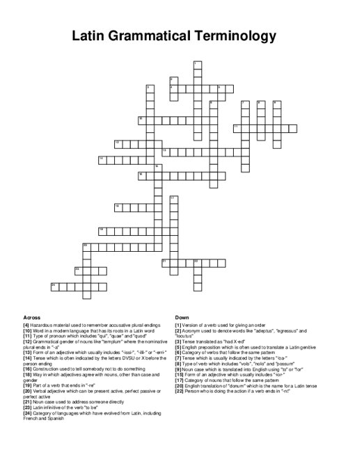 Latin Grammatical Terminology Crossword Puzzle