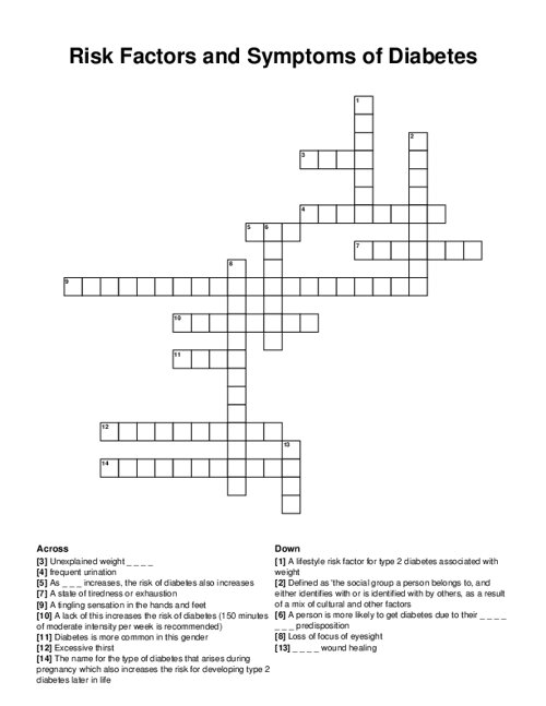 Risk Factors and Symptoms of Diabetes Crossword Puzzle