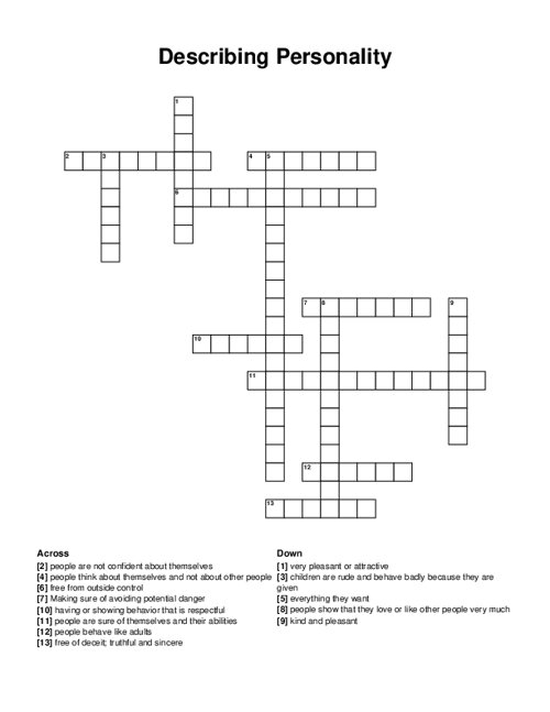 Describing Personality Crossword Puzzle