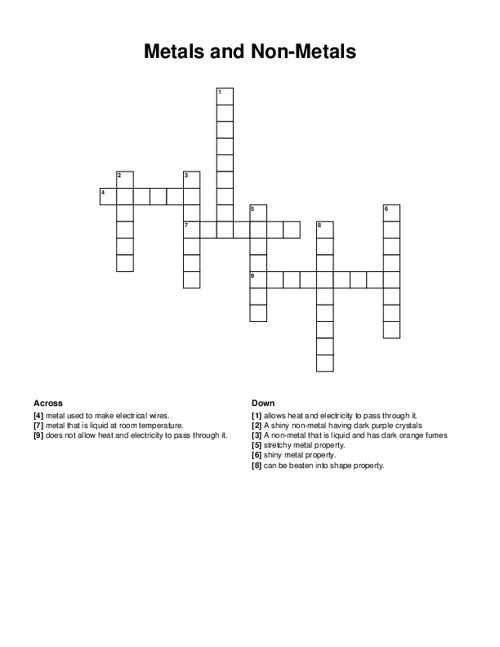 Metals and Non Metals Crossword Puzzle
