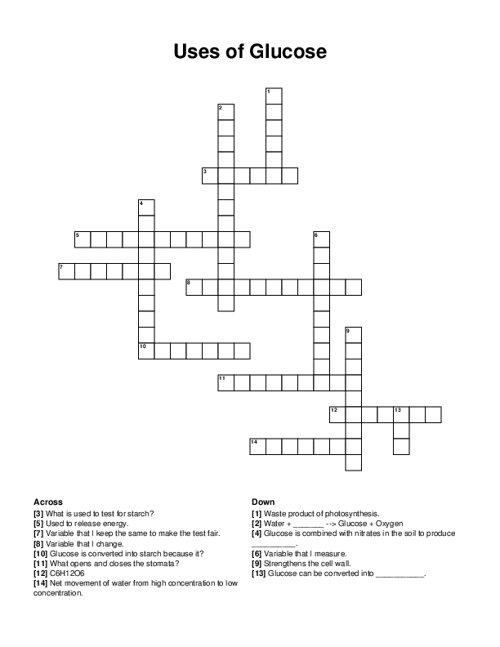 Uses of Glucose Crossword Puzzle