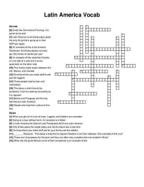 Latin America Vocab Crossword Puzzle