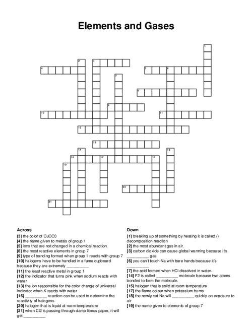 Elements and Gases Crossword Puzzle