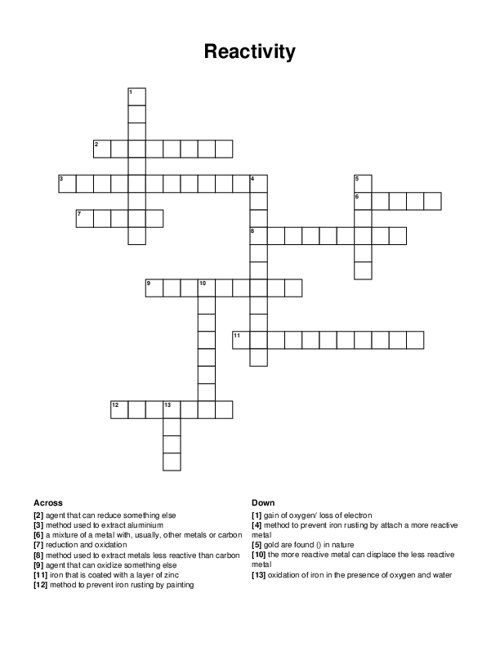 Reactivity Crossword Puzzle