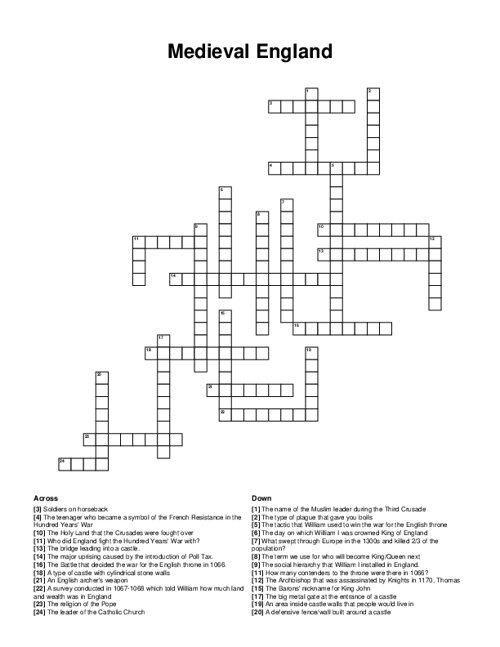 Medieval England Crossword Puzzle