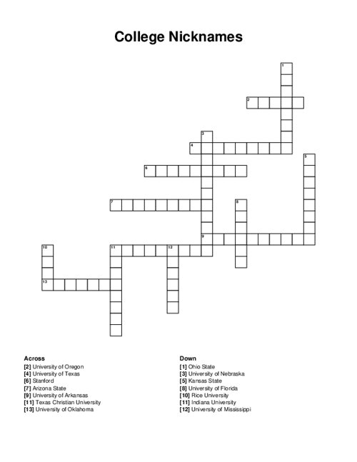 College Nicknames Crossword Puzzle