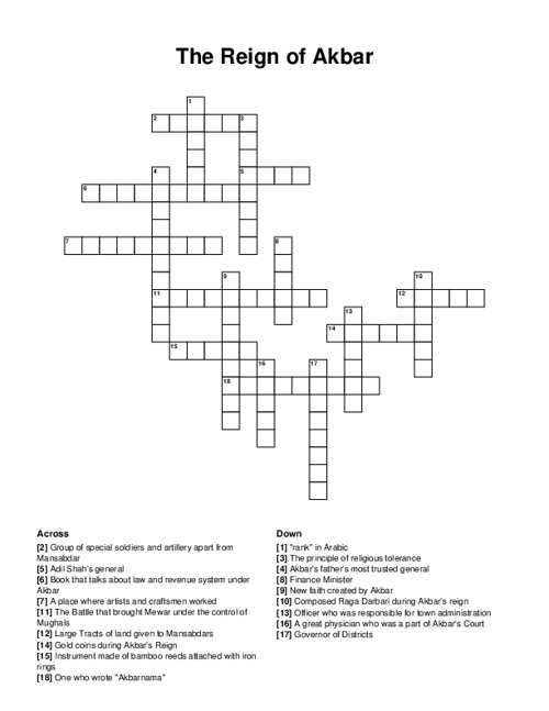 The Reign of Akbar Crossword Puzzle
