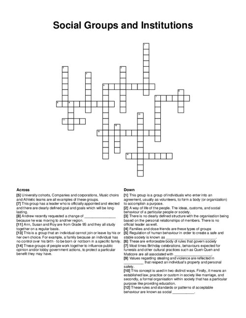 Social Groups and Institutions Crossword Puzzle