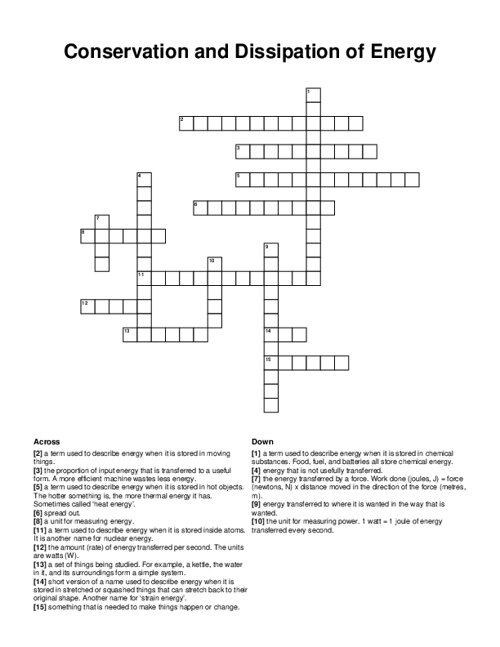 Conservation and Dissipation of Energy Crossword Puzzle