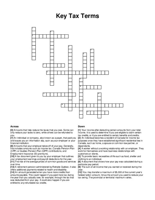 Key Tax Terms Crossword Puzzle