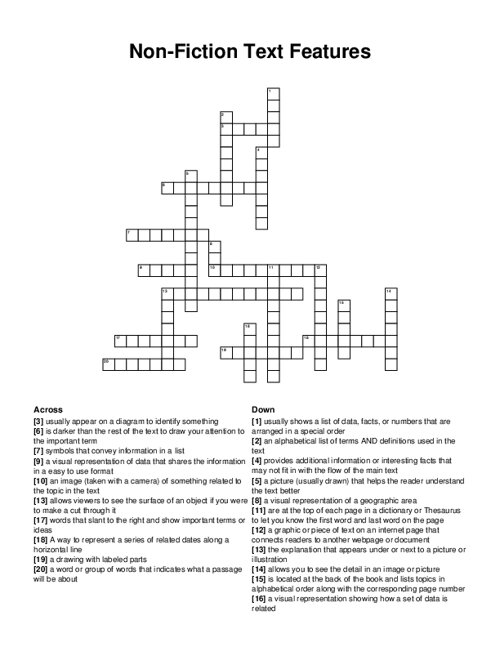 Non-Fiction Text Features Crossword Puzzle