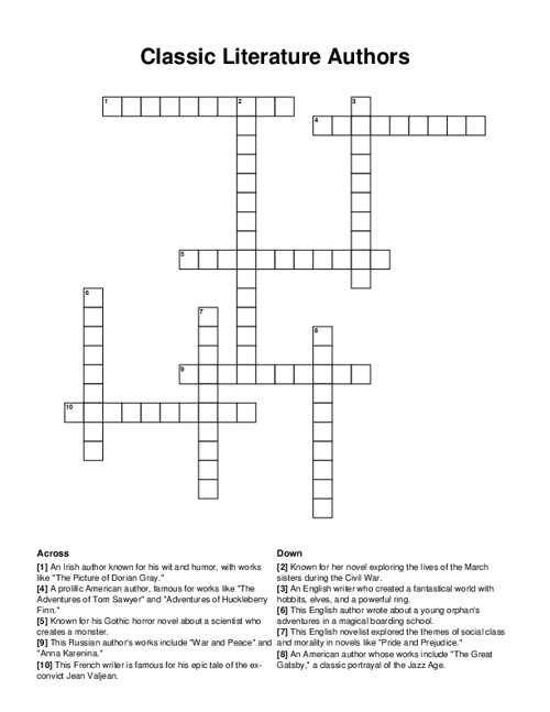Classic Literature Authors Crossword Puzzle