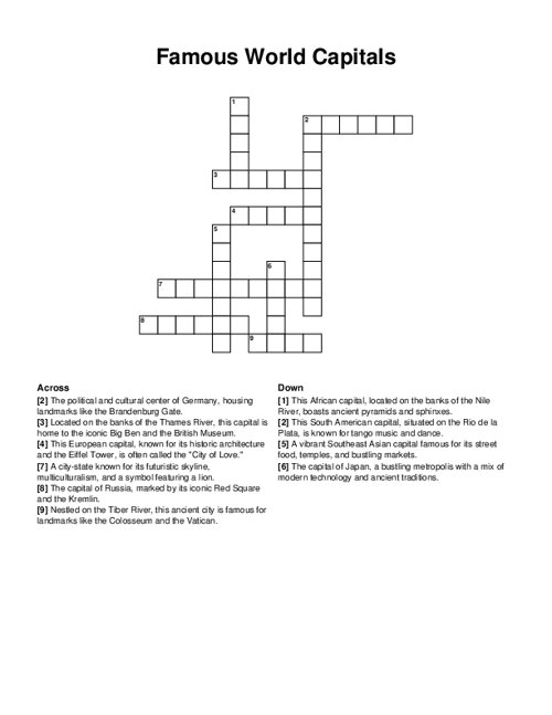 Famous World Capitals Crossword Puzzle