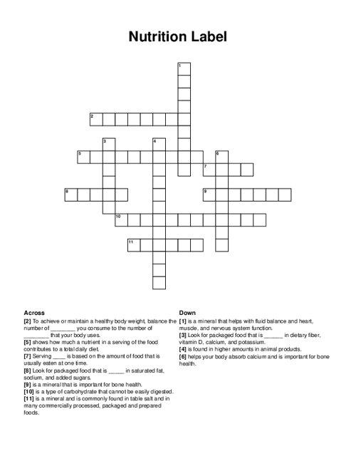 Nutrition Label Crossword Puzzle