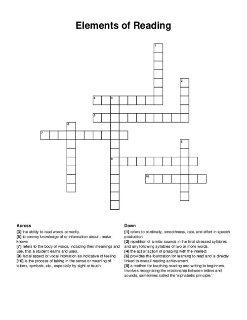 Elements of Reading Crossword Puzzle
