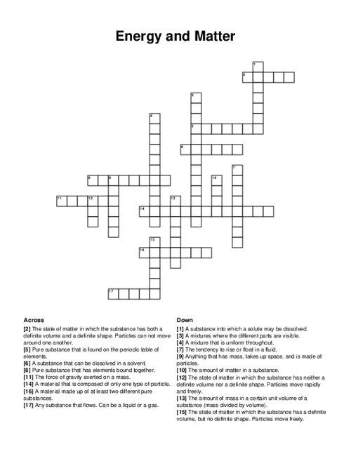 Energy and Matter Crossword Puzzle