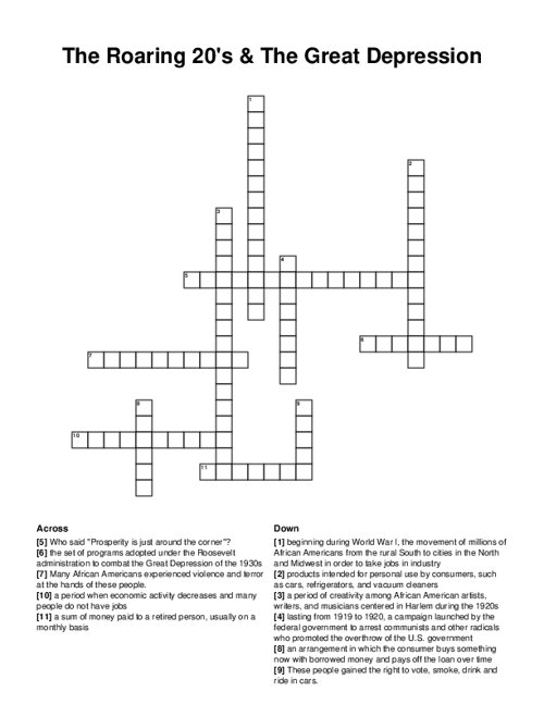 The Roaring 20s & The Great Depression Crossword Puzzle