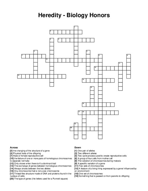 Heredity - Biology Honors Crossword Puzzle