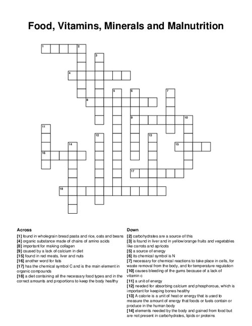 Food, Vitamins, Minerals and Malnutrition Crossword Puzzle