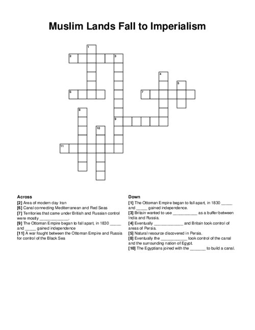 Muslim Lands Fall to Imperialism Crossword Puzzle