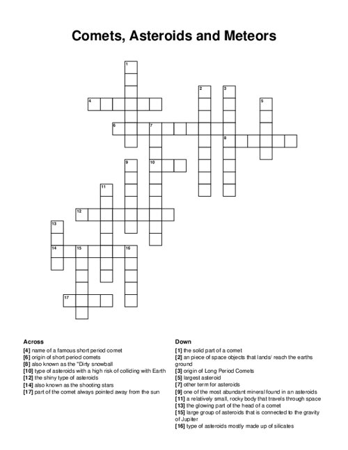 Comets, Asteroids and Meteors Crossword Puzzle