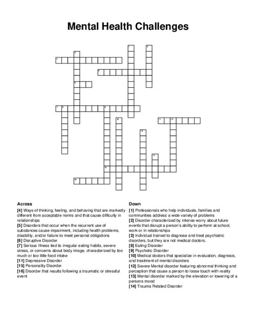 Mental Health Challenges Crossword Puzzle