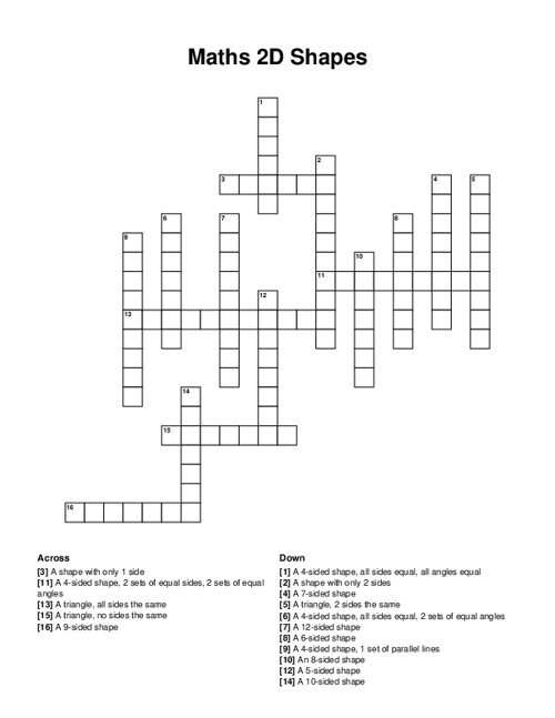 Maths 2D Shapes Crossword Puzzle