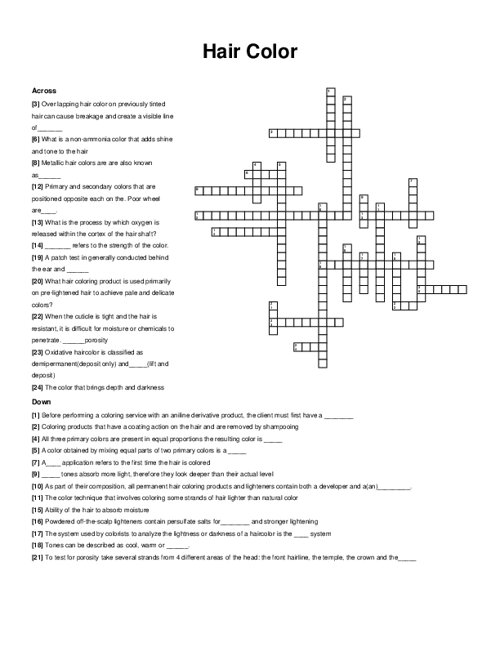 Hair Color Crossword Puzzle