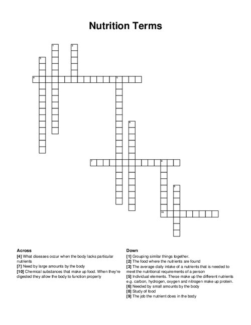 Nutrition Terms Crossword Puzzle