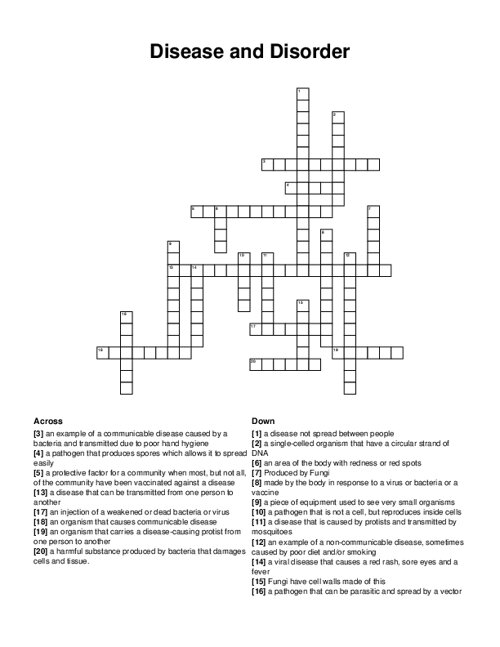 Disease and Disorder Crossword Puzzle