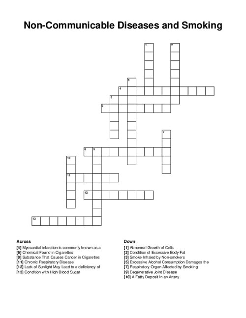 Non-Communicable Diseases and Smoking Crossword Puzzle
