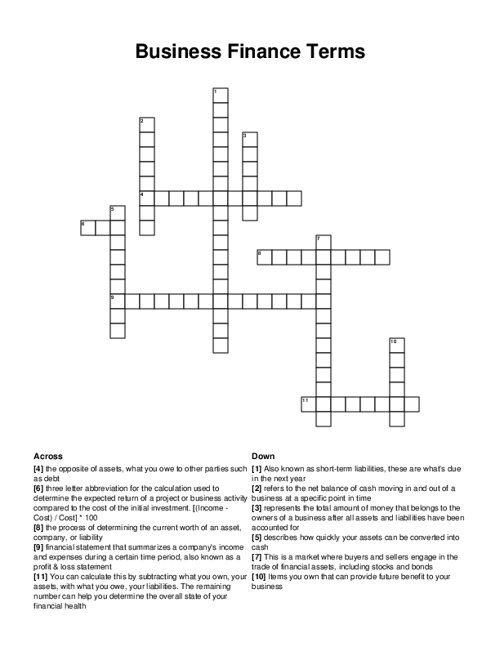 Business Finance Terms Crossword Puzzle