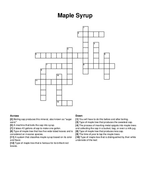 Maple Syrup Crossword Puzzle