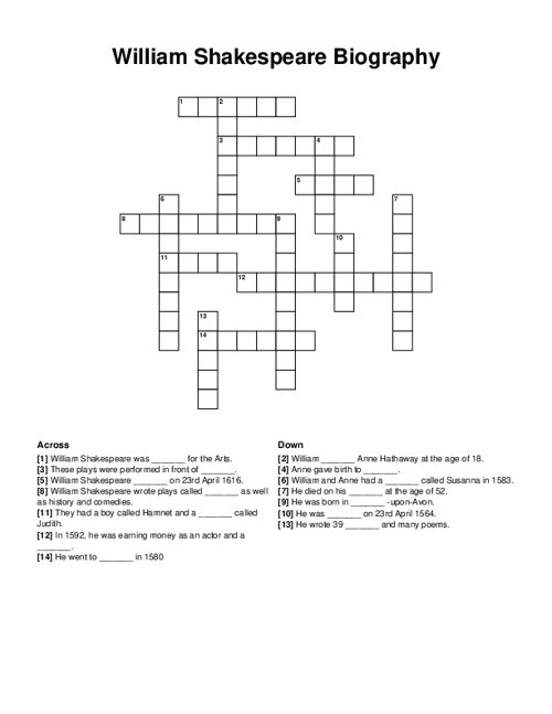 William Shakespeare Biography Crossword Puzzle
