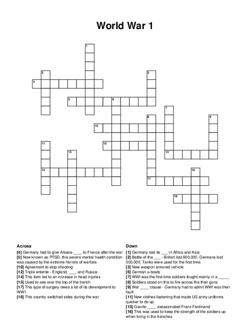 World War 1 Crossword Puzzle