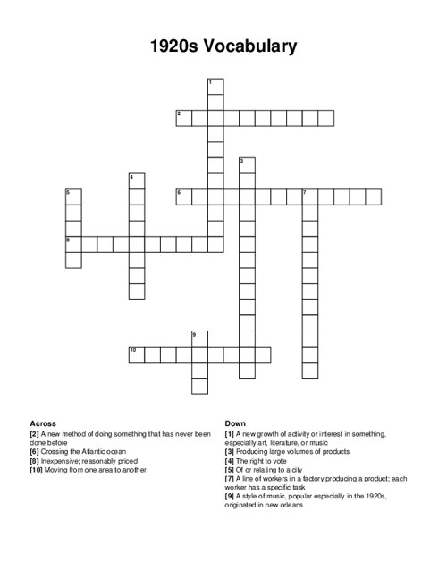 1920s Vocabulary Crossword Puzzle