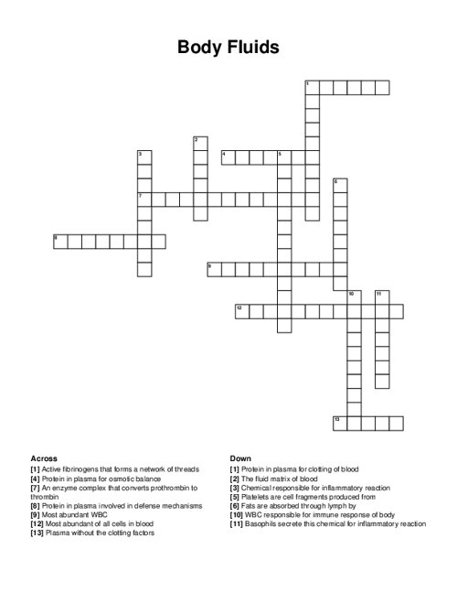 Body Fluids Crossword Puzzle