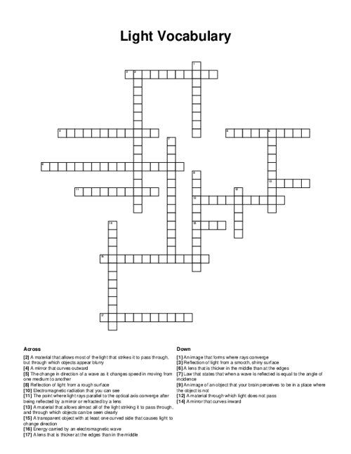 Light Vocabulary Crossword Puzzle