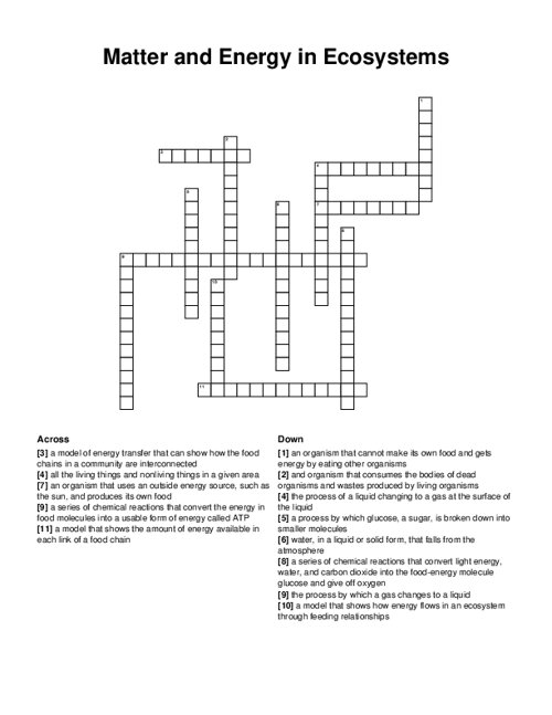 Matter and Energy in Ecosystems Crossword Puzzle